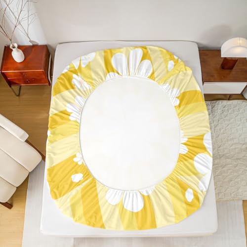 Image of Cartoon Flowers Bed Sheet Queen Set Yellow Stripes Sheets Sets Adults Bedroom Decor Daisy Microfiber Bedding Set with Flat,Fitted Sheet,2 Pillow Cases
