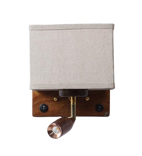 Image of Greenhouse Fully Handmade Sheesham Wood Wall Light Lamp | Khadi Fabric Shade with E27 Bulb Holder (Bulb Included) | Focus Light - 3W Warm White LED | Bedroom, Living Room, Hall, Office, Hotels