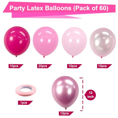 Bezente Pink Balloons Set,60pcs 12 inch Metallic Pearl Pink, Hot & Pastel Pink Latex Balloons Kit for Birthday,Wedding,Baby Shower,Princess Theme Party Decorations - Image 4