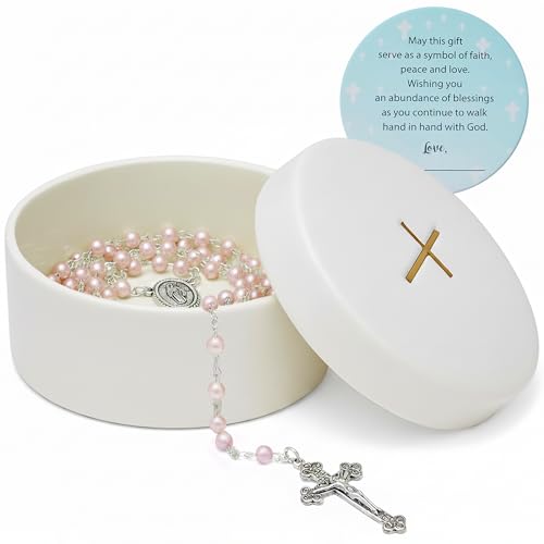 Christening Gifts for Girls Pink Rosary with Ceramic Rosary Box and Card Catholic Communion Gift Christening and Baby Shower Rosary Beads Baptism Gifts for Girls Pink
