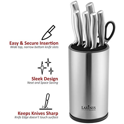 Laxinis World Universal Knife Block, Stainless Steel Round Knife Holder With Scissors-Slot, Counter-Top Storage, Holds 12 8.5”-Blade Knives, 9” By 4.5” (Knives Not Included) #TOP1