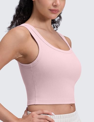 Image of CRZ YOGA Ribbed U Neck Crop Tank Tops | Medium Support, Removable Pads, Casual, Wide Straps, Longline Sports Bras for Women