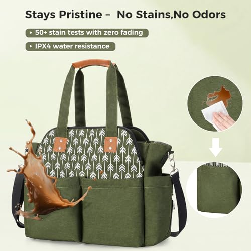 Lekebaby Diaper Bag Tote for Baby - 17 Pockets Large Travel Diaper Tote with Portable Changing Pad, Mom Crossbody Hospital Bag for Labor Delivery, Waterproof, Baby Essentials for Newborn Gifts, Green