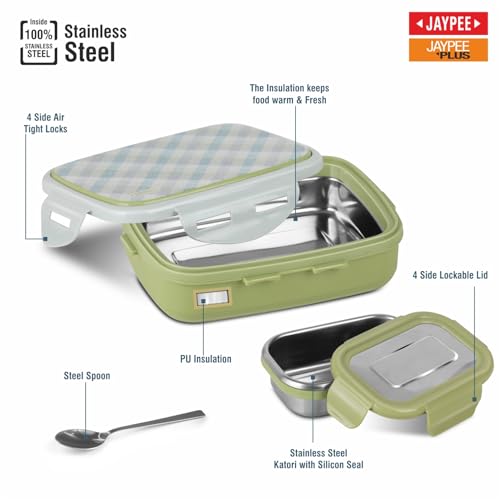 Image of JAYPEE Ecosteel Jr. Stainless Steel Insulated Lunch Box for School Kids 425 ml Airtight Leakproof Tiffin Box for Girls & Boys Food Grade Mini Box, New Green