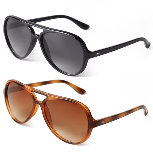 ADE WU 2 Packs Retro Oversized Aviator Sunglasses Womens Mens Black Tortoise Shell Plastic Double Bridge Aviators