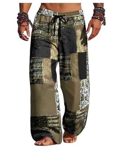 GORGLITTER Men's Patchwork Print Hippie Pants Baggy Comfy Colorful Pants