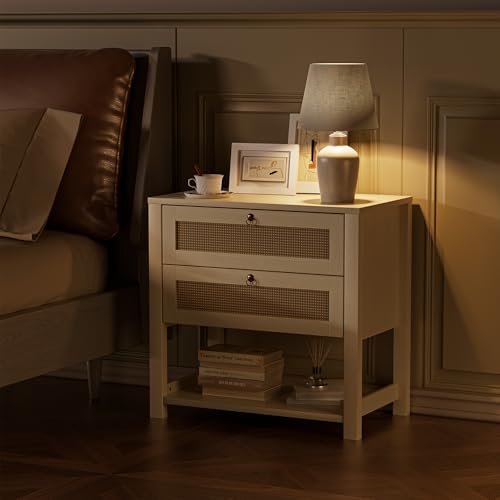 GRUSIGN Nightstand with Drawers and Storage Shelf - Large Nightstands Rattan Decor Boho Bedside Table Narrow Side Table for Bedroom, White - Image 5