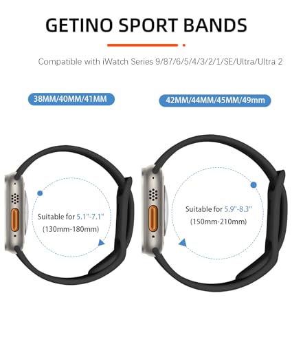 Image of Getino Compatible with Apple Watch Band 40mm 38mm 41mm 44mm 45mm 46mm 49mm 42mm for Women Men iWatch SE Ultra Series 10 9 8 7 6 5 4 3 2 1, Durable Flexible Breathable Soft Silicone Sport Bands, 4 Pack