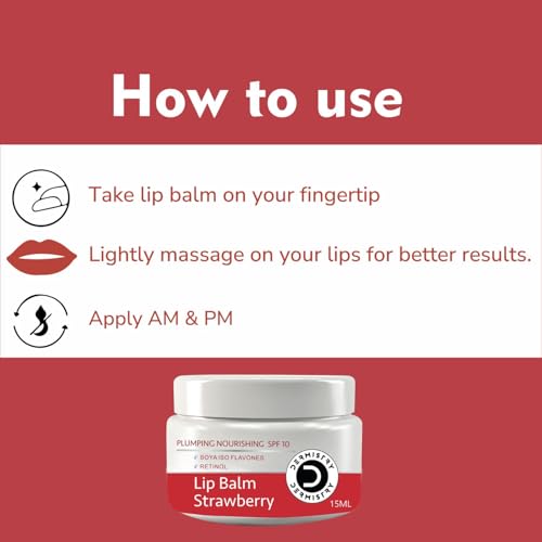 Image of Dermistry Plumping SPF10 Glossy Strawberry Lip Balm for Dry Dark Pigmented Chapped Lips with Shea Butter, Retinol, Coconut Oil Provides Sun Protection, Dark Black Pigmentation Remover Men Women 15ml