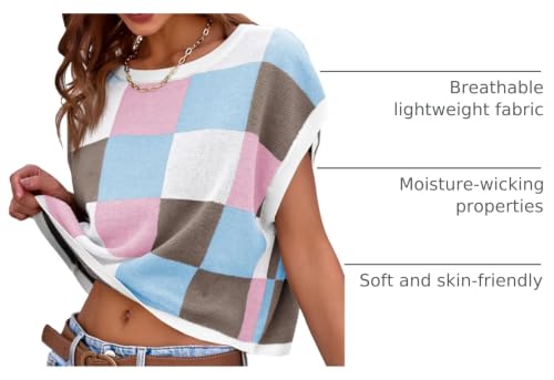 Image of Saodimallsu Womens Cap Sleeve Crop Tops Summer Color Block Going Out Crew Neck Knit Trendy Casual Sweater