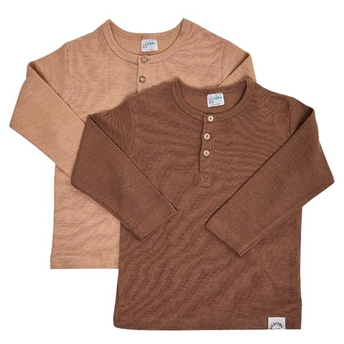 Pack de 2 camisetas de manga larga para niños con botones, 100% algodón, suaves y transpirables, esenciales para niños y niñas, Beige Oscuro - Marrón, 1-4 años