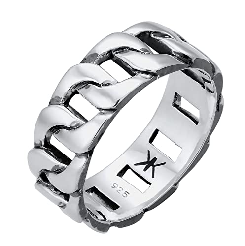 Kuzzoi Bague massive pour homme (8 mm) au design gourmette noir oxydé, bague pour homme en argent sterling 925, bague aspect chaîne épaisse, taille 60-66, 0608382919, Argent sterling