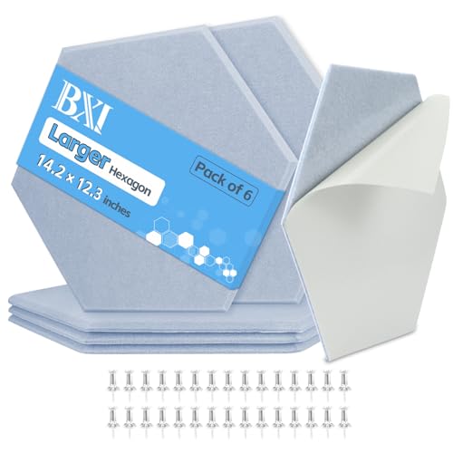 BXI Hexagon Felt Bulletin Board - 14.2 X 12.3 X 3/8 Inches 6 Pcs Self-Adhesive Poster Cork Board with 30 Push Pins, Thick Pin Tiles Display Vision Board, Photo Picture Panels for Home Office Classroom