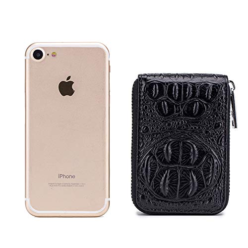 Wallets Genuine Leather For Womens Mens Crocodile Skin Embossed Coin Purse Mini Card Case Holder Zipper Pockets (Black,One Size)4