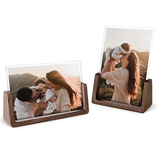 Meishida 4X6 Picture Frame,2 Pack Modern Photo Frame With Walnut Wood Base And High Definition Acrylic Glass Covers,Vertical +Horizontal Acrylic Frame For Tabletop #TOP25