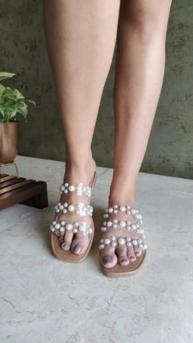 Image of Tan Festive Pearl Flats | Stylish | Slip-on | Casual | Comfortable Sandals for Women