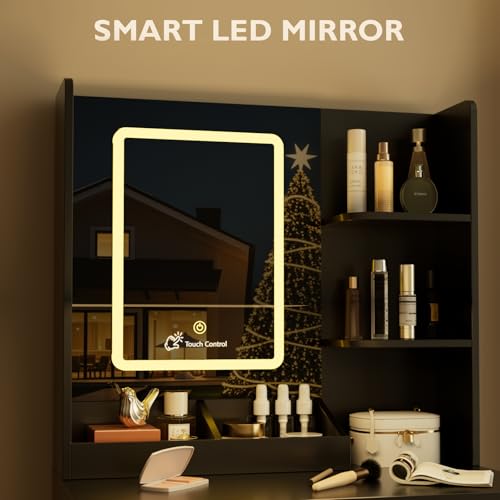 Image of Vanity Desk with Mirror and LED Lights, Modern Small Makeup Vanity Desk with Drawer, 3 Storage Shelves, 24 Inches Make UP Dressing Table with Power Outlet, 3 Adjustable Lights for Bedroom, Black