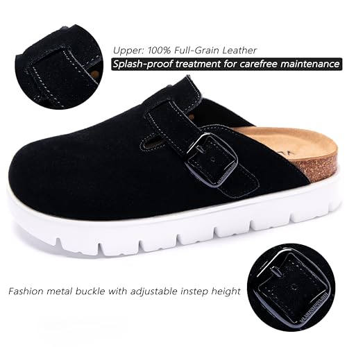 Image of Women's Suede Platform Clogs Leather Mules Slip On Indoor Outdoor Shoes | Arch Support, Cork Footbed, Adjustable Buckle,Water Resistant Upper,All Day Comfort