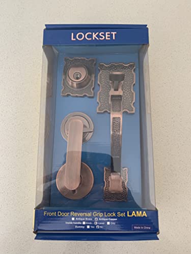 Lockset Reversible Front Door Hardware Set Lama, Heavy Duty Grip Entry Door Lock Set With Lever Handle And Deadbolt, European Style, Antique Copper #TOP1