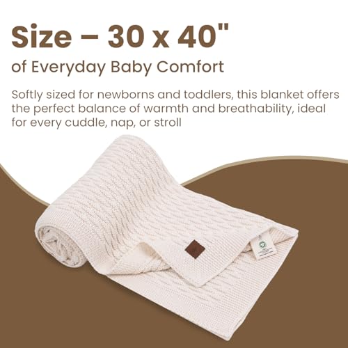 Image of Organic Cotton Baby Blanket 30x40 in, Earth Ivory - GOTS Certified, Soft Knit Swaddle with Gift Box, Breathable Nursery Blanket for Crib & Stroller, Machine Washable