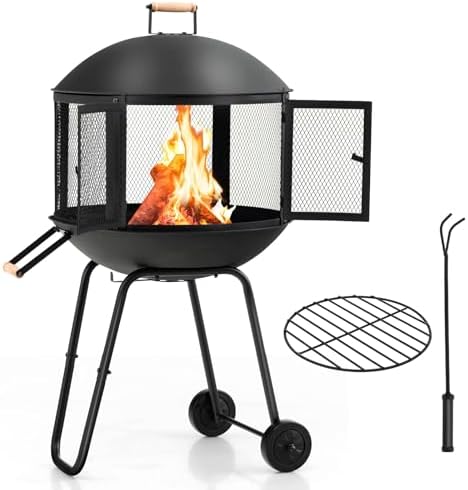HAPPYGRILL 28” Outdoor Fire Pit, Rolling Patio Wood Burning Firepit with Lockable Doors, Fire Poker, Pine Wood Handle, Heavy Duty Fire Pit for BBQ Entertaining Camping