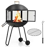 HAPPYGRILL 28β Outdoor Fire Pit, Rolling Patio Wood Burning Firepit with Lockable Doors, Fire Poker, Pine Wood Handle & Wheels, Heavy Duty Fire Pit for BBQ Entertaining Camping