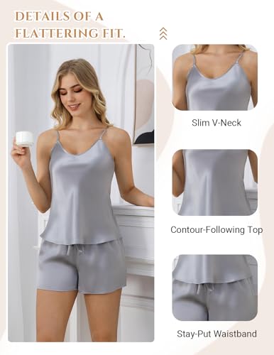 Image of THXSILK 100% Mulberry Silk Women Cami Pajama Set, Tank Top with Shorts Sleepwear, Adjustable Spaghetti Straps, Luxury Pj Set