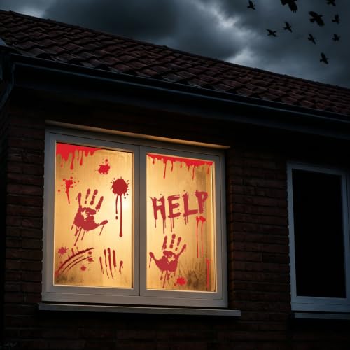 Image of Halloween Bloody Handprint & Footprint Stickers, Spooky Scary Horror Decor | 8 Sheets Blood Splatter Window Decals, Kitchen & Bathroom Floor Mirror Wall Decor, Home Office Halloween Party Decorations