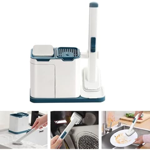 AmazeFan Soap Pump Dispenser with Handle Brush - 9 Refills Replacement Sponge Heads Set,Dish Wand Dishwashing Scrub for Sink Non Stick Pan Kitchen Kits Cleaning Brush Cover
