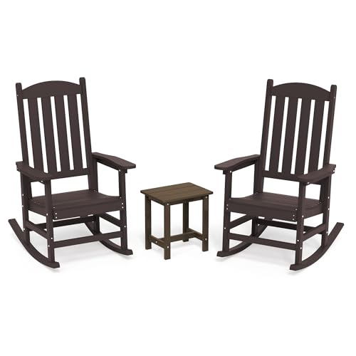 LUE BONA Outdoor Rocking Chairs Set of 3, 2 Chairs & 1 Table HDPS Poly Rocking Chair, All Weather Resistant, Heavy Duty Rocker Chair for Patio, Lawn, Garden, 300LBS,Espresso