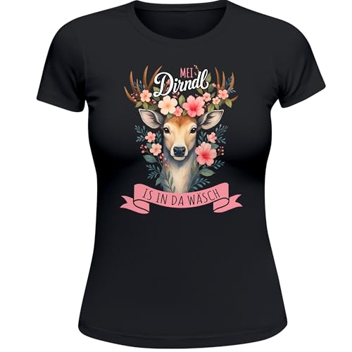 MoonWorks Damen T-Shirt für das Oktoberfest MEI Dirndl is in da Wäsch Fun-Shirt Trachtenshirt Bierfest Outfit Statement Spruch Schwarz M