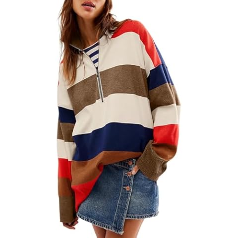 Yousify Oversized Sweaters for Women Half Zipper Cable Knit Striped Sweater Fall Winter Pullover Tops Coffee XL Cover