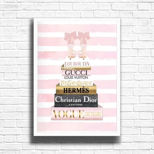 Mixed designer brands Print, Pink Fashion Wall Art Posters Designer Bag Shoes Book Makeup Poster Gallery Art Print Picture Home Decor- A3, A4 Size frame options (A3 Framed (White))