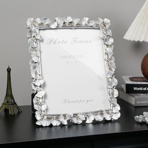 Silver 8x10 Picture Frame, Vintage Silver Ornate Leaf Textured Hand-Crafted Resin with Glass Front Antique Photo Frame for Tabletop Display, Retro Design Home Decor