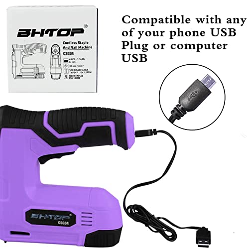 Bhtop Purple Cordless Staple Gun, 4V Power Brad Nailer/Staple Nailer，Electric Staple With Rechargeable Usb Charger (Include 1500Pcs Staples And 1500Pcs Brad Nails) #TOP2