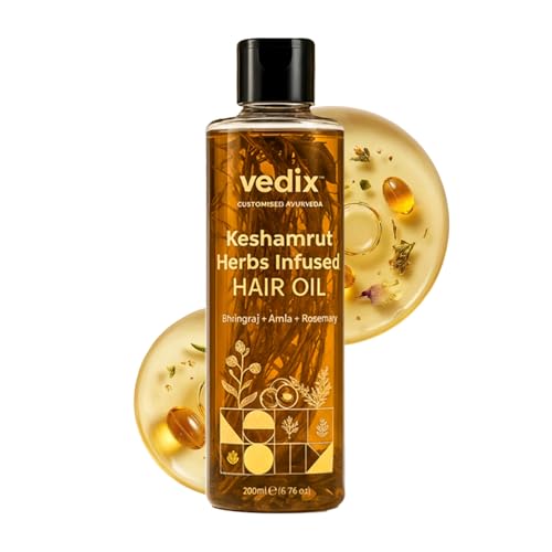 Vedix Keshamrut Herbs Infused Hair Oil for Men & Women I Control Hair Fall & Boost Hair Growth I 16+ Whole Herbs, Leaves & Flowers I No Mineral Oils & Chemicals (200ml)