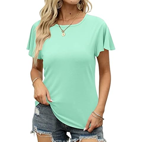 ALIMASHA Womens Tshirt Ruffle Short Sleeve Round Neck Tunic Casual Tops Loose Fit Ruffle Loose Fit Flowy Summer T-Shirts Light Green Cover