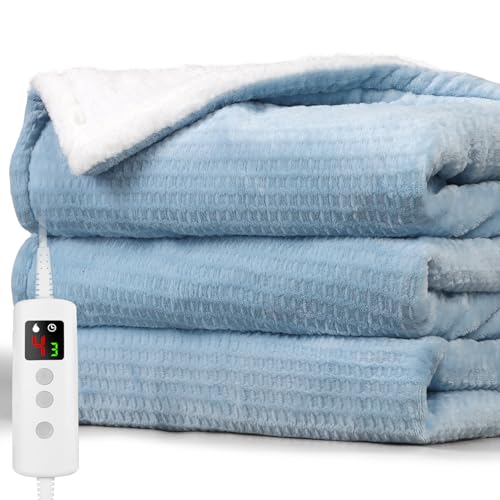 PROALLER Heated Blanket Electric Throw Waffle 160x130CM, 10 Levels &1-9H Timer Auto-Off, Machine Washable, Soft Flannel Sherpa Full Body Warming, Sofa Bed Office Use, Heating Blanket option