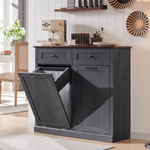 Image of IFGET Double Tilt Out Trash Cabinet, Wood Trash Can Cabinet, Dark Grey