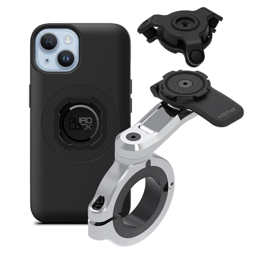 Image of Quad Lock Motorcycle Handlebar Phone Mount PRO Chrome - Large with Vibration Dampener and MAG Phone Case for iPhone 14