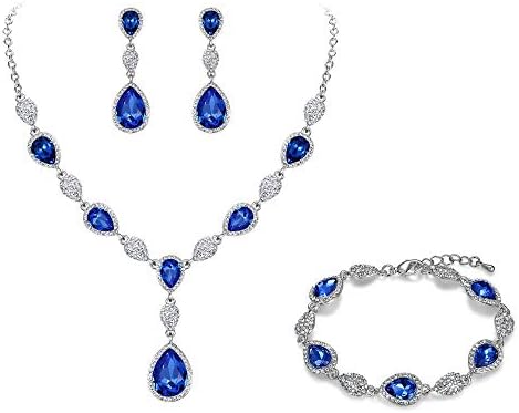 Clearine Gemstone Diamante Teardrop Wedding Bridal Costume Statement Y-Necklace Dangle Pierced Earrings Tennis Bracelet Set for Women