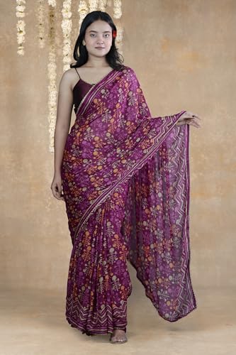 Image of MIRCHI FASHION Women Saree Floral Print Chiffon | Lightweight Festive Occasion Sari for Farewell and Functions with Unstitched Blouse Piece
