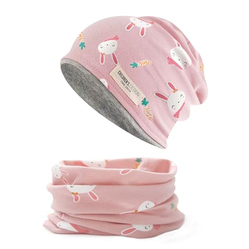 ENSTAB 2 Stück Mütze Kinder set Baumwolle Herbst Winter Schal Baby Mütze Schal Wärmer Baby Mädchen und Junge (Hase)