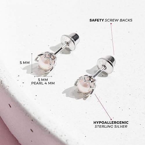 925 Sterling Silver Unique Simulated Pearl Basket Toddler Earrings with Screw Back Locking - Hypoallergenic & Safe for Babies, Toddlers, Young Girls, and Pre Teens4