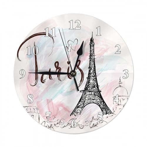 LoLo UoUo Eiffel Tower Wall Clock French Paris Hand Drawn Romantic Trip Doodle Farmhouse Unique Large Clock Wall Non-Ticking Decor for Home Office School Classroom, 10 Inch, A1246