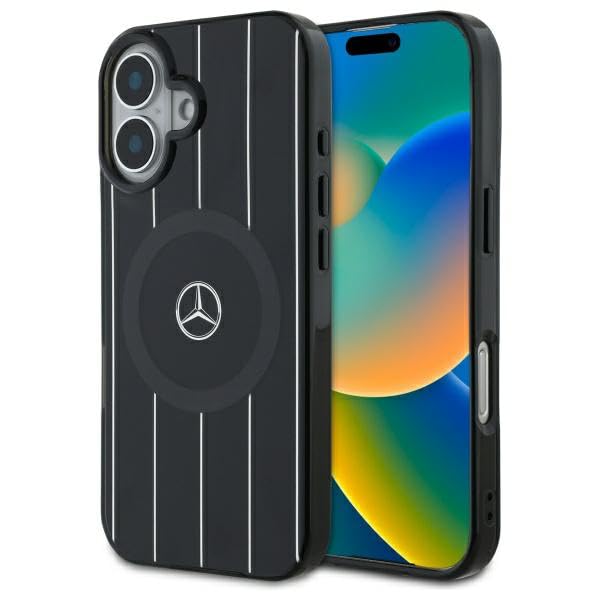 CG Mobile Mercedes MEHMP16S23HRSK Coque pour iPhone 16 6,1" Noir Produit sous Licence MB Double Lignes croisées Compatible avec MagSafe