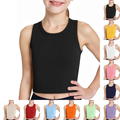 Girls Crop Top Ribbed Sleeveless Athletic Tank Tops Clothes Teen Kids Summer Gym Workout Camisole Shirt Stretchy Breathable Crew Neck Vest Outfits (Beige, 5-6 Years)
