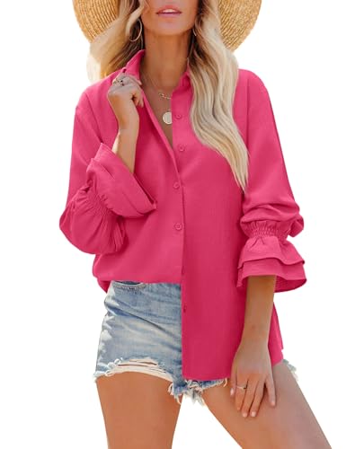 Gleeivy Oversize Striped Button Down Shirts Women Smocked Boyfriend Long