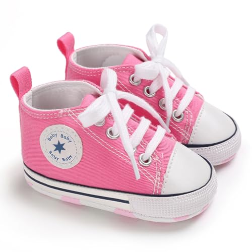 Image of Unisex Baby Girls Boys Canvas High-top Shoes, Newborn Infant Anti-Slip Soft Sole Frist Walking Breathable Sneakers