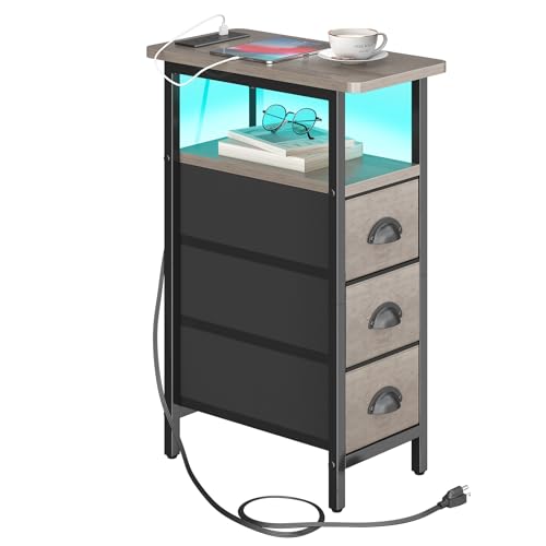 sthmec End Table with Charging Station,LED Side Tables with USB Ports and Outlets,Skinny Bedside Tables with 3 Drawers,Small Tabls Nightstands for Small Space,Slim Sofa Table for Livingroom, Grey by sthmec - Used condition - US$39.26